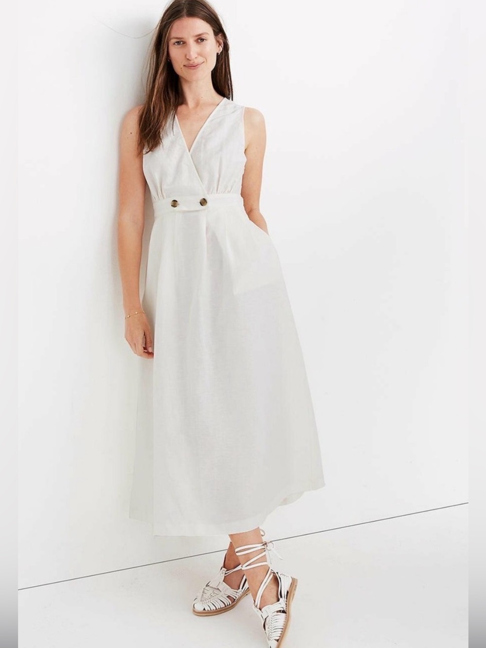 Madewell Button waist Wrap Midi Dress Off White Sleeveless Linen Casual